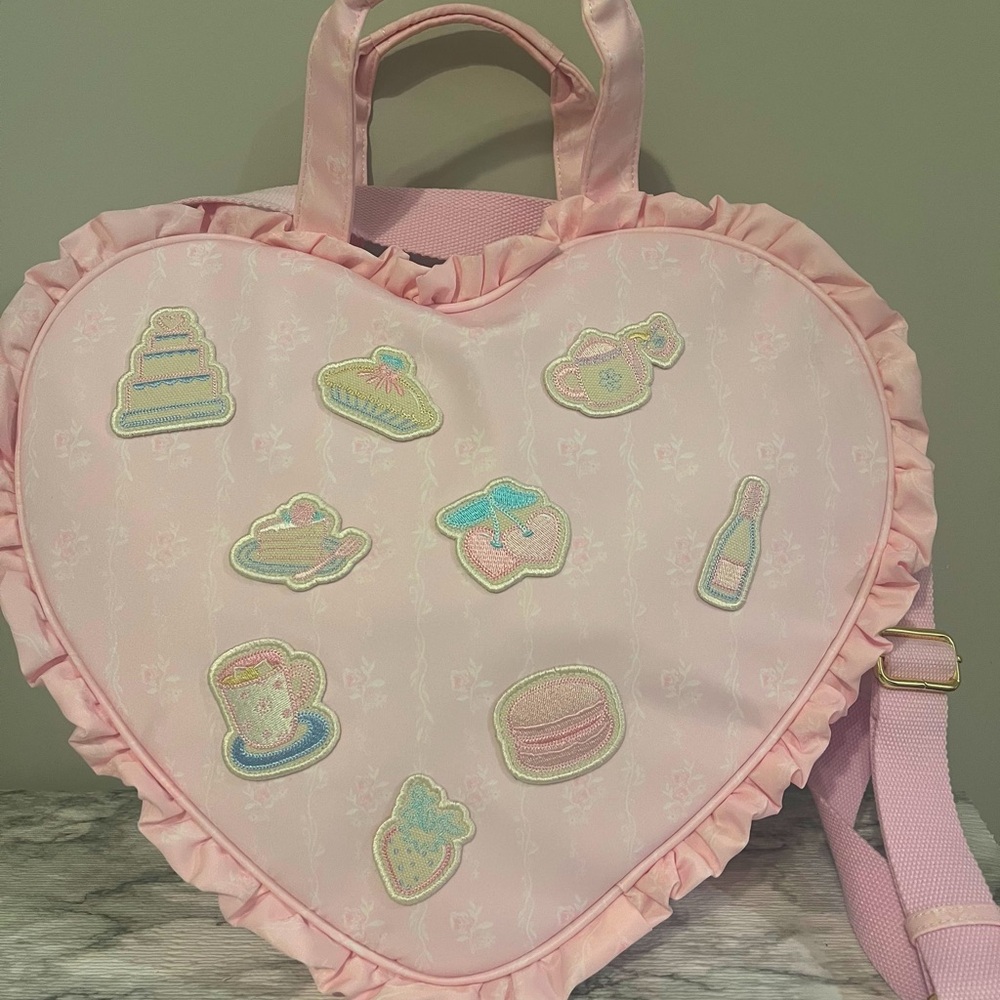 Stoney Clover Lane high tea printed ruffle heart tote scones and cake W patches